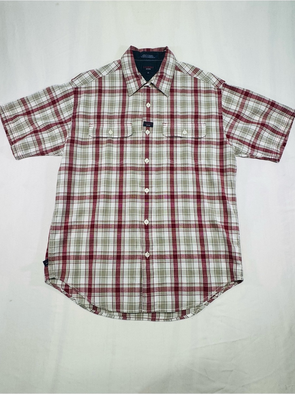 Tommy Hilfiger Red and White Plaid Short-Sleeve Button-Down Shirt